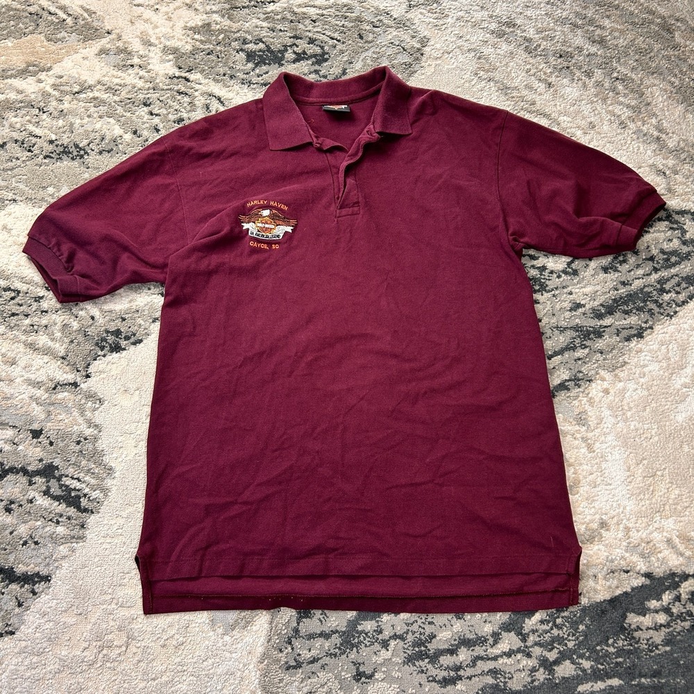 Vintage Harley-Davidson Polo Shirt Men Large Burgundy Harley Haven Cayce SC Golf